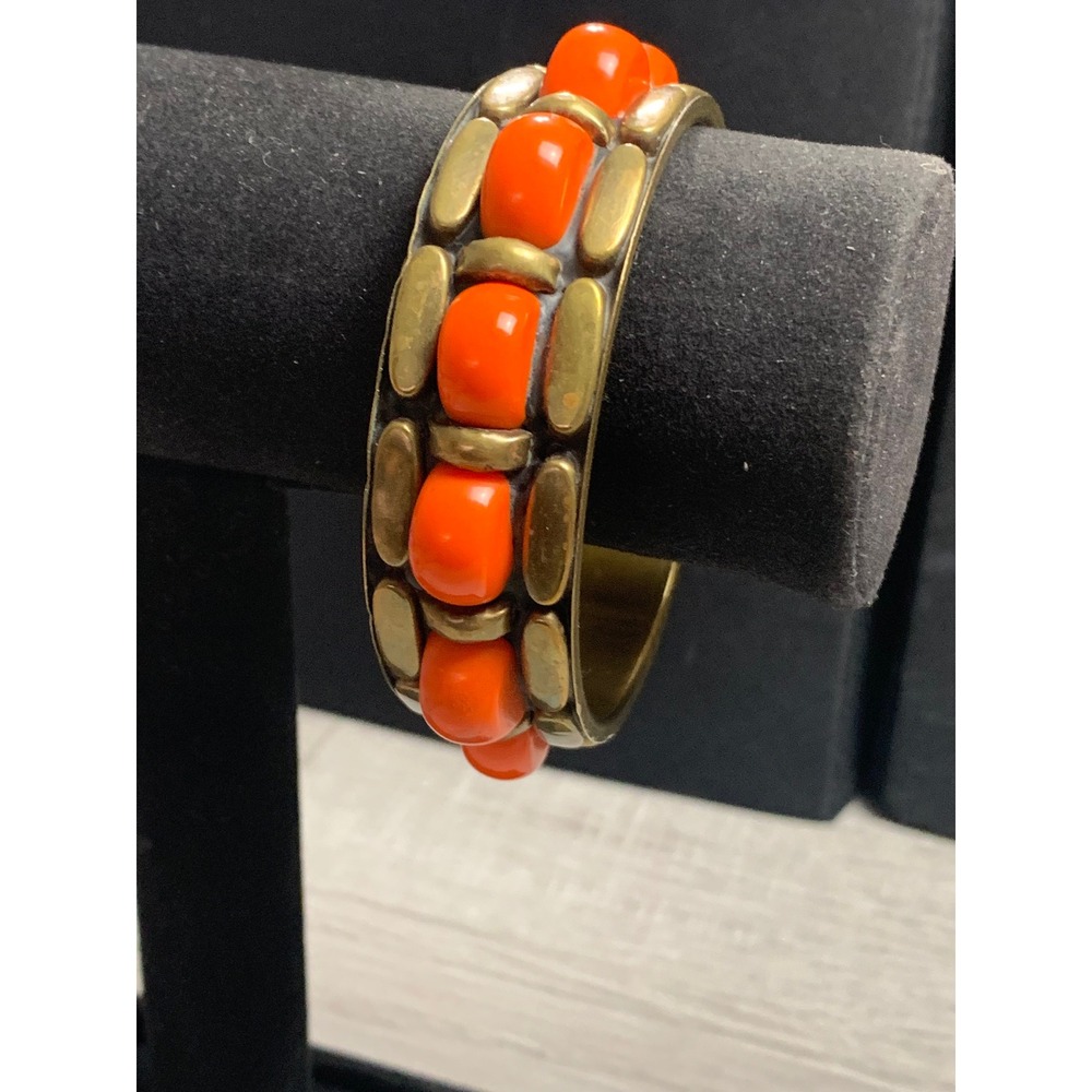 Vintage Orange Cabochon Brass Tone Chunky Bangle Bracelet Retro Boho 8.5 Inch